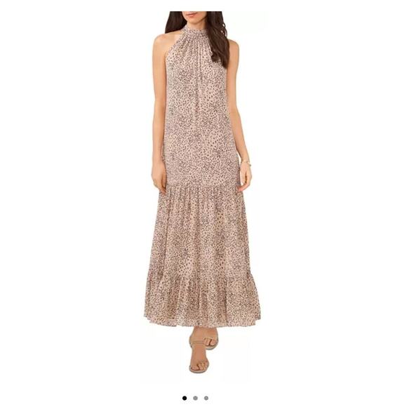 VINCE CAMUTO Tiered Printed Leopard Pattern Maxi Dress Halter Neck Sleeveless M - Picture 1 of 9